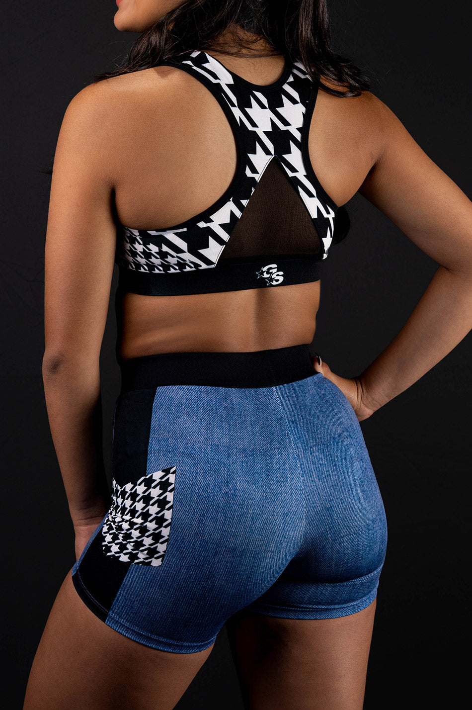 Black houndstooth bra with Pink GS logo & Mesh Insert - C12