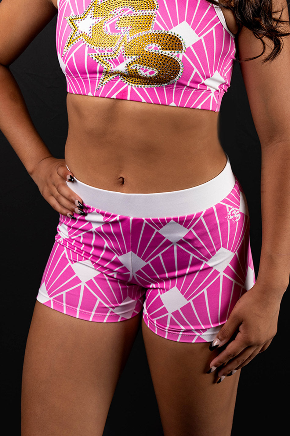 Pink Shorts with geometric trellis print
