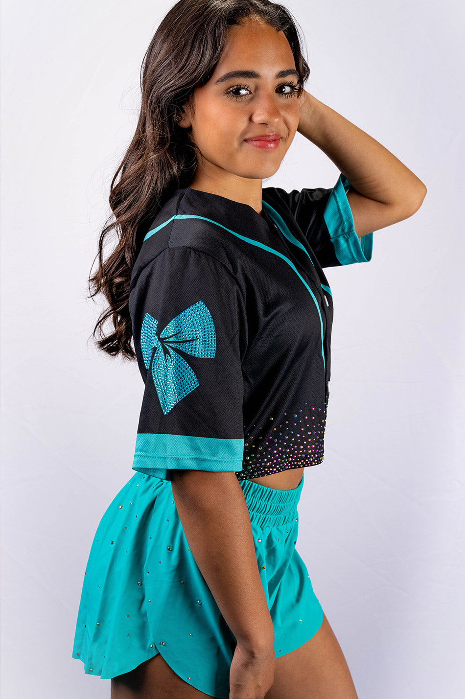 Crop Black Jersey with Bling Bow Shoulder "Return to GlitterStarz" - T11