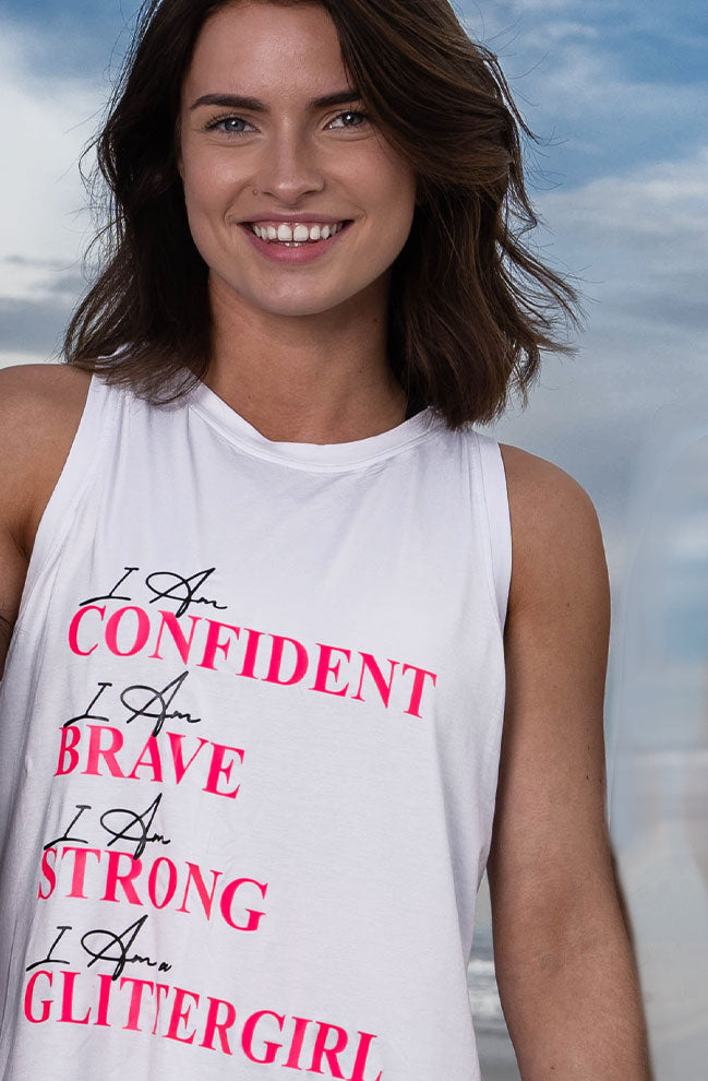 "I am Confident" White GlitterGirl Tank