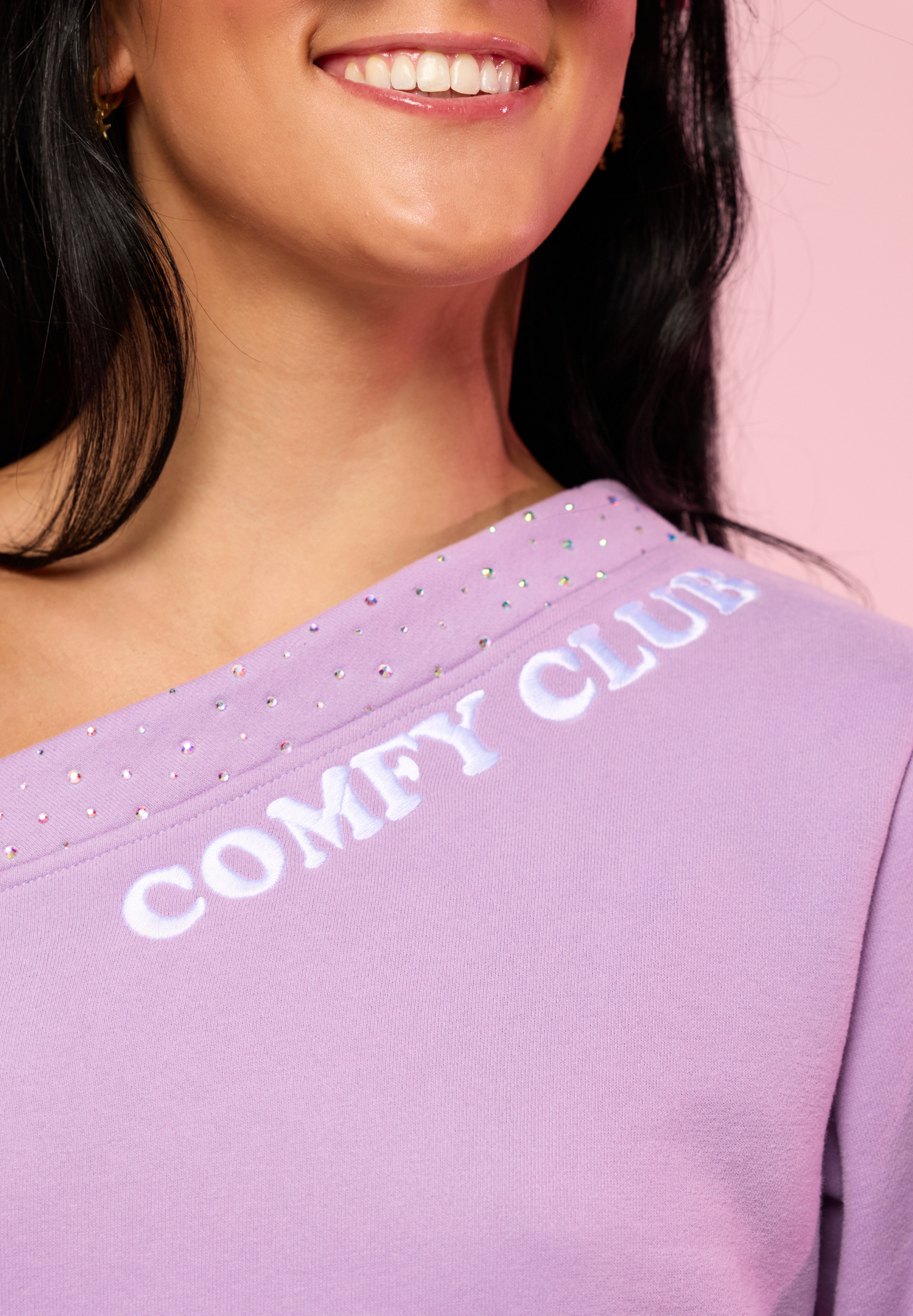 Violet Comfy Club Rhinestone Off Shoulder Sweatshirt