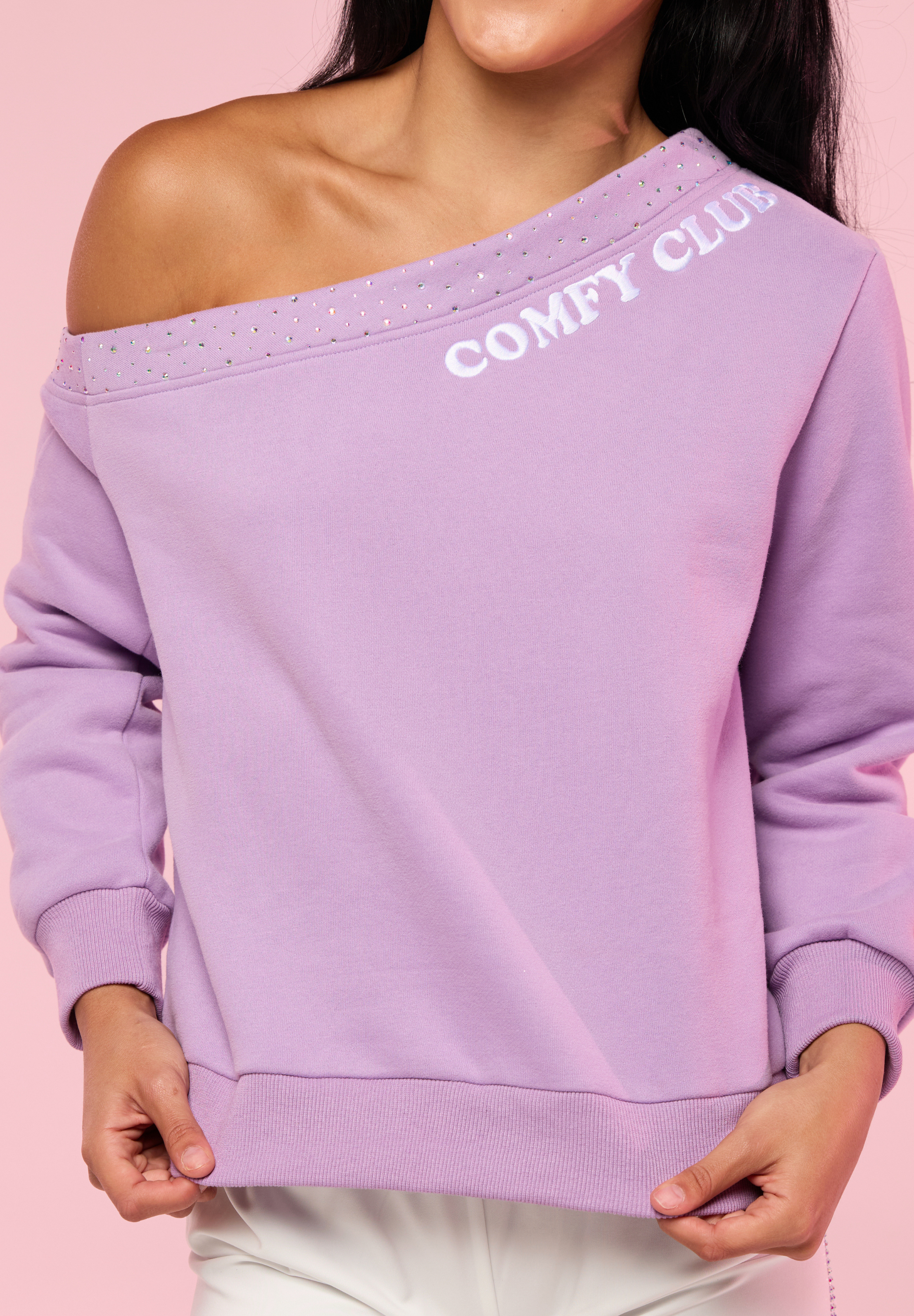 Violet Comfy Club Rhinestone Off Shoulder Sweatshirt