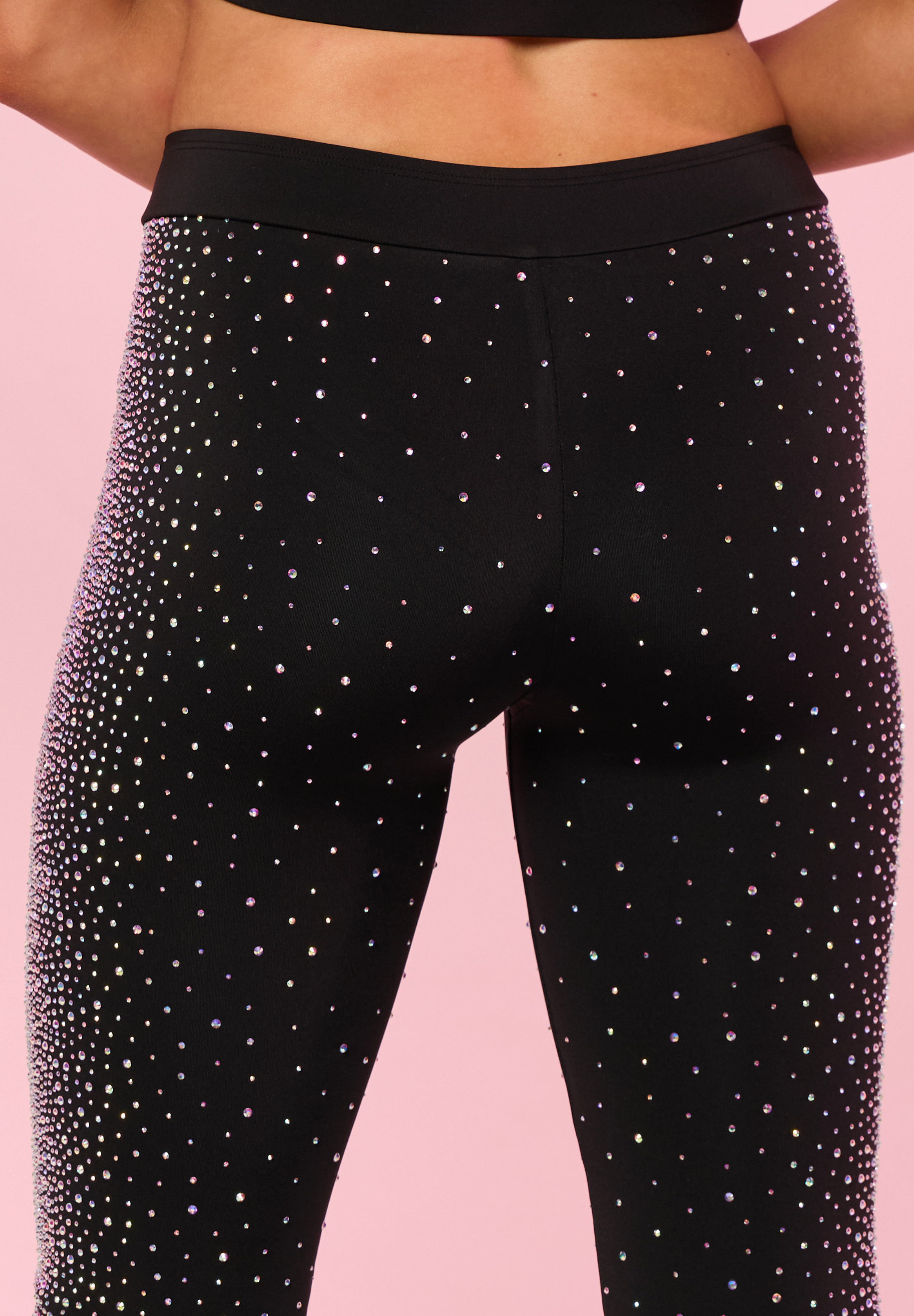 Black Rhinestone Slit Flared Legging