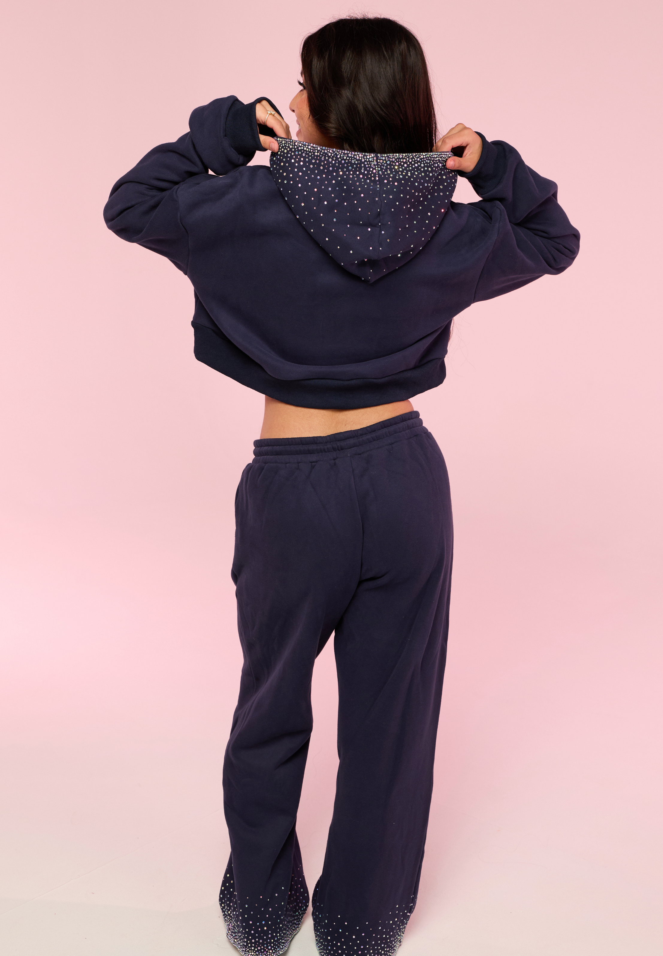 Navy Allstar Social Club Rhinestone Cropped Hooded Sweatshirt