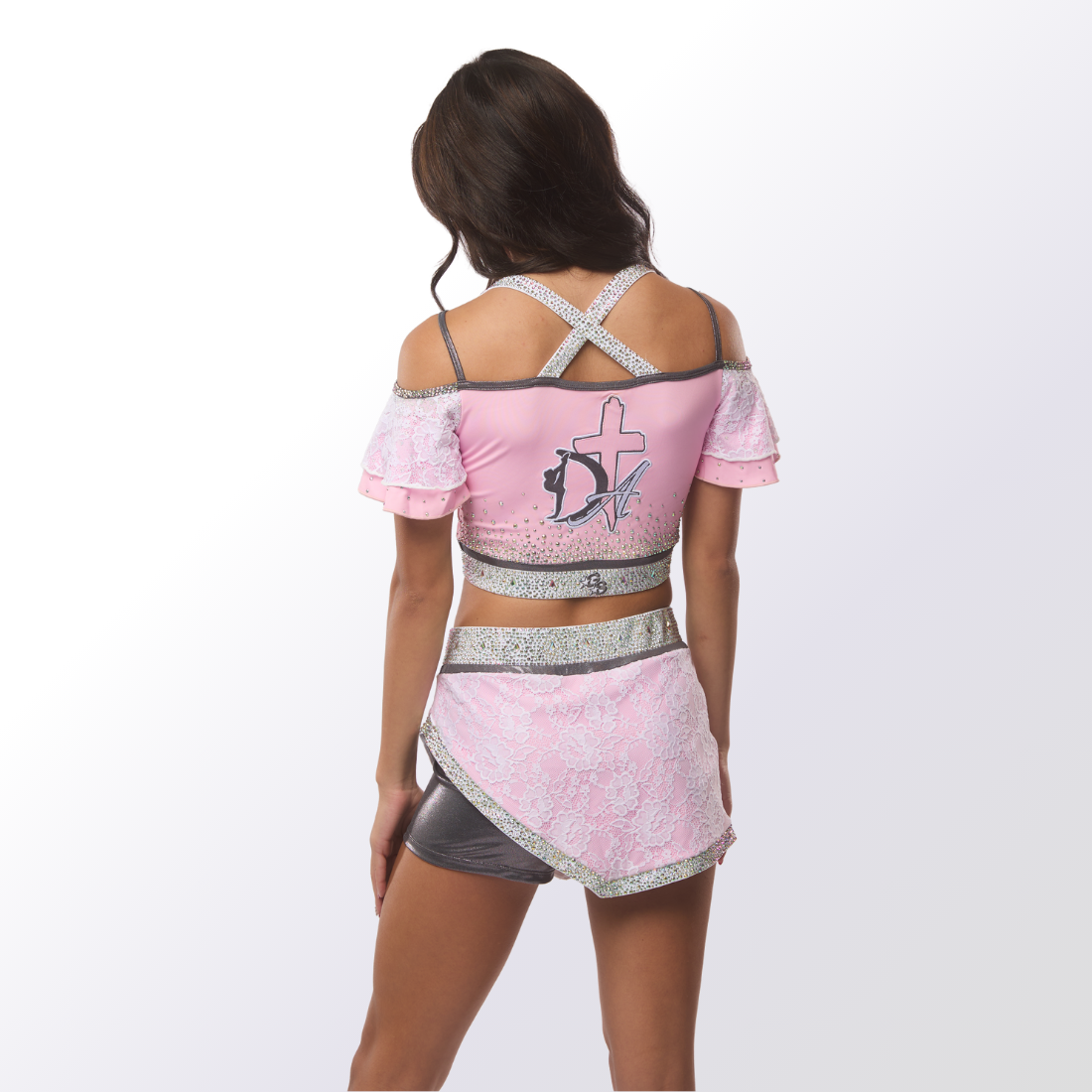 Custom Uniform with Effortless Crop Top, Wrap Skirt with Specialty Lace Accents, and Diamond Stones