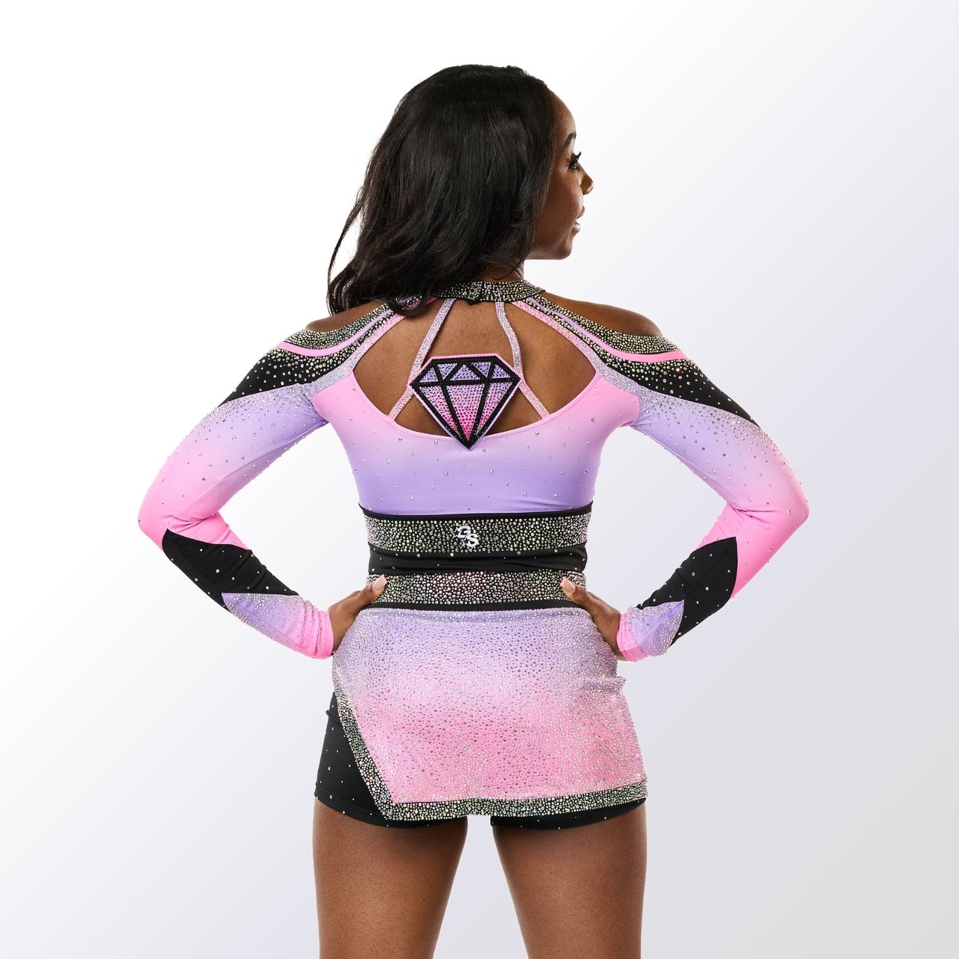 Custom Uniform with Pink and Purple Ombre, Encrusted Asymmetrical Skirt, and Strappy Back with Diamond Applique