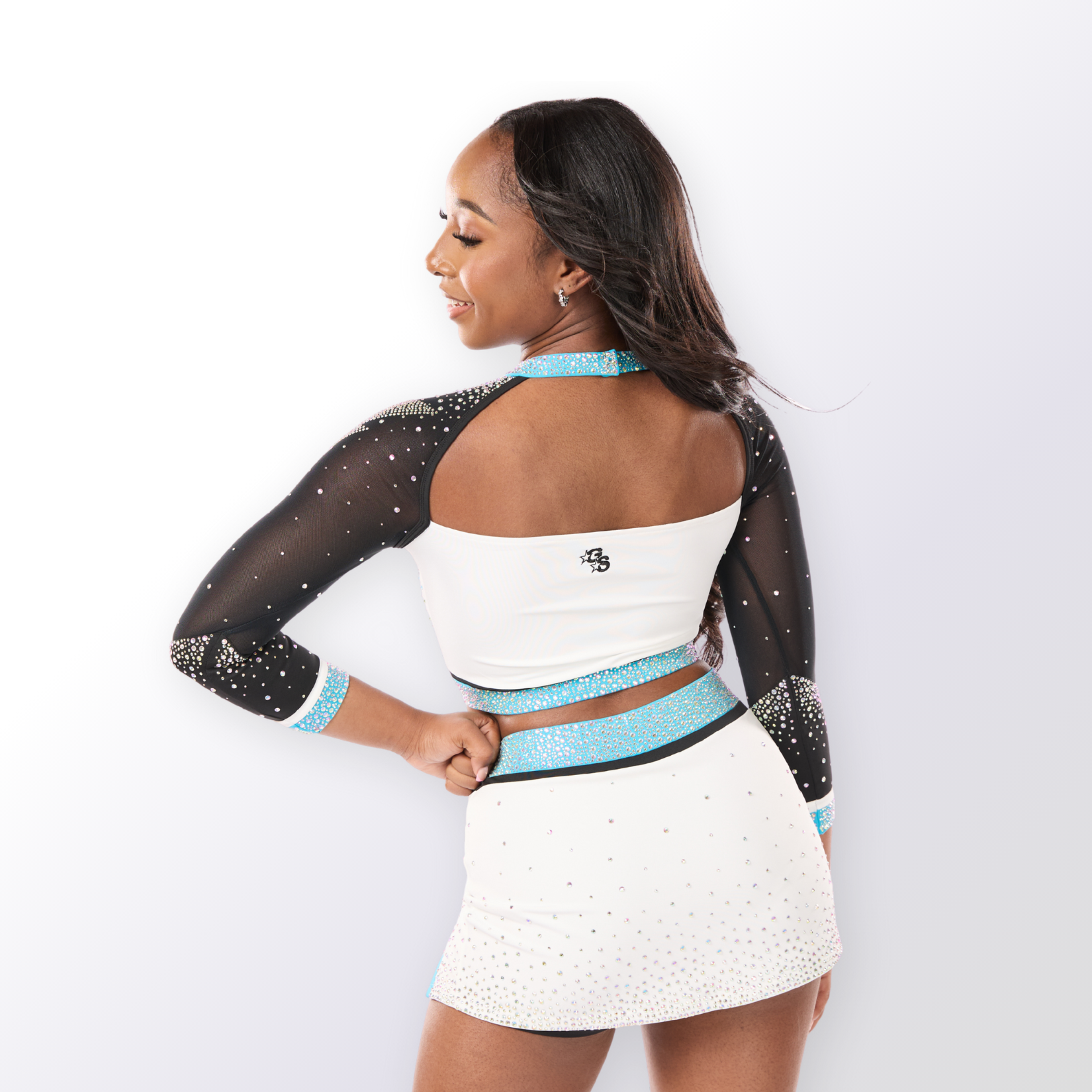 Custom Uniform with Turquoise Cross-Neck Design, Encrusted Bands and Rhinestone Lightning Mesh Sleeves