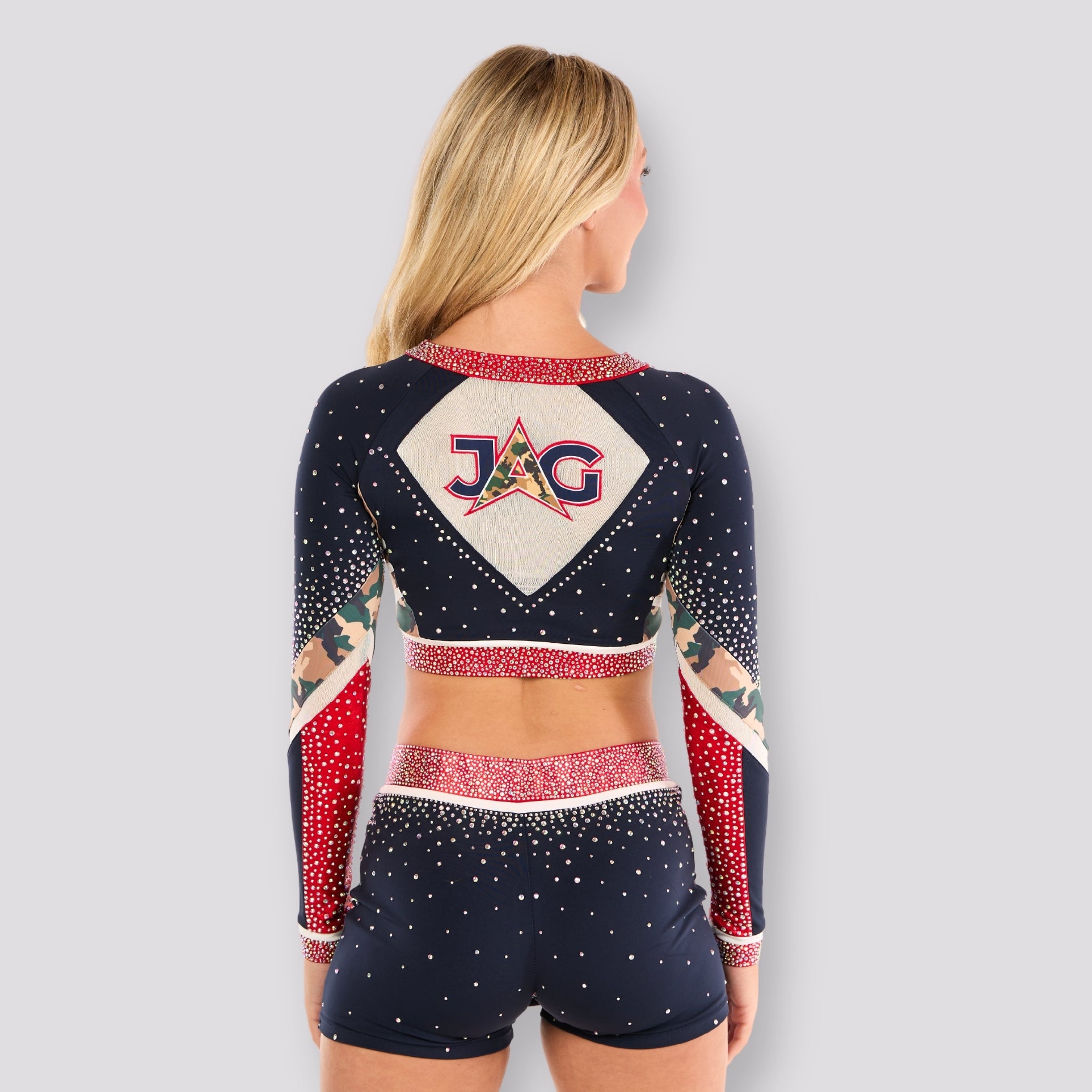 Custom Crop Uniform with Star Skirt Applique, White Mesh accents, and Camo Sublimation