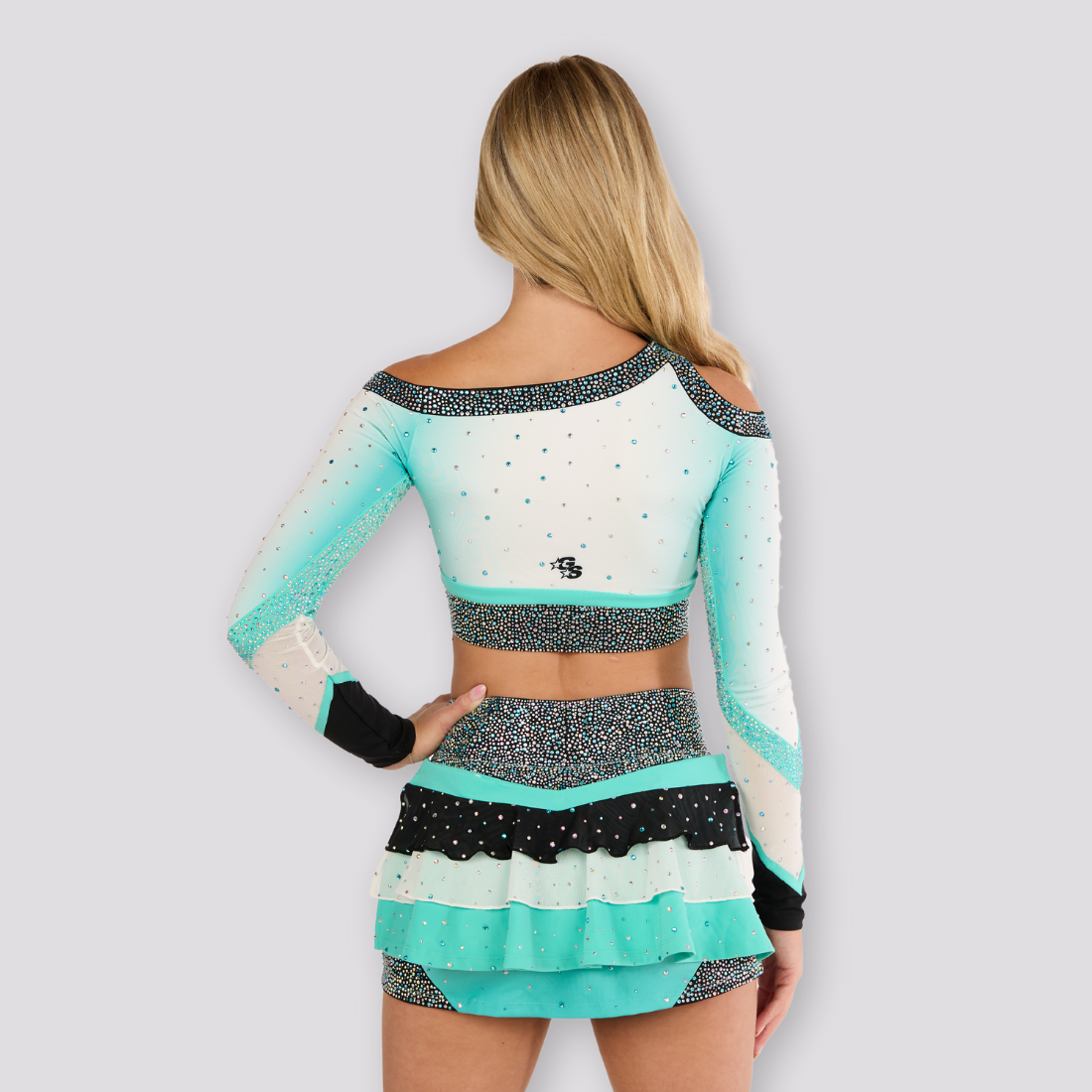 Custom Uniform with Ombre sublimation, Multicolor Stones, and Magnetic Removable Ruffle