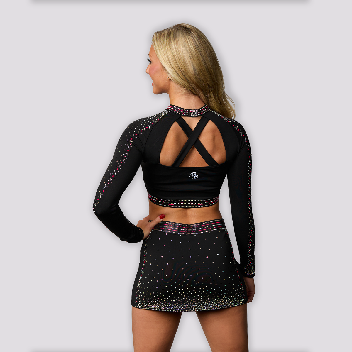 Custom Open Back Uniform with Neon Pink Studs and Coordinating Custom Bra