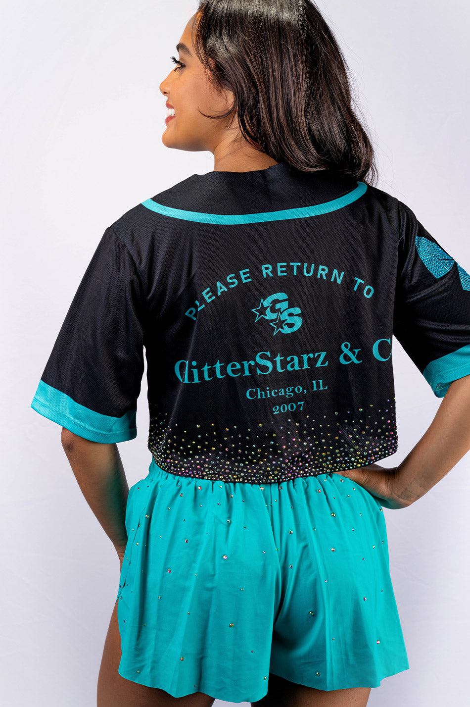 Crop Black Jersey with Bling Bow Shoulder "Return to GlitterStarz" - T11