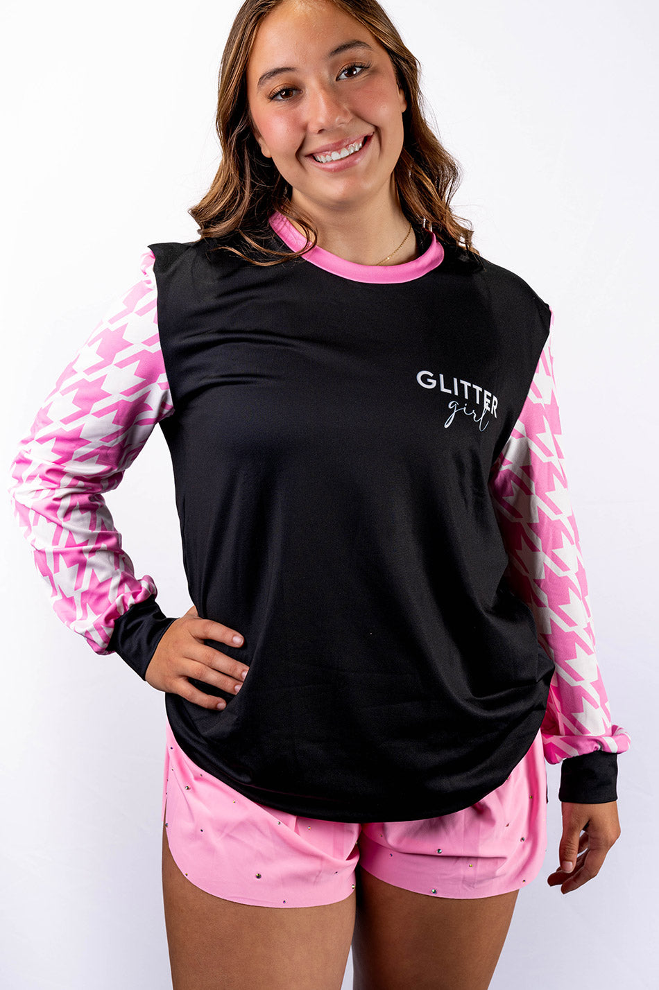Glittergirl Pink Houndstooth Oversized sweatshirt crewneck - C11