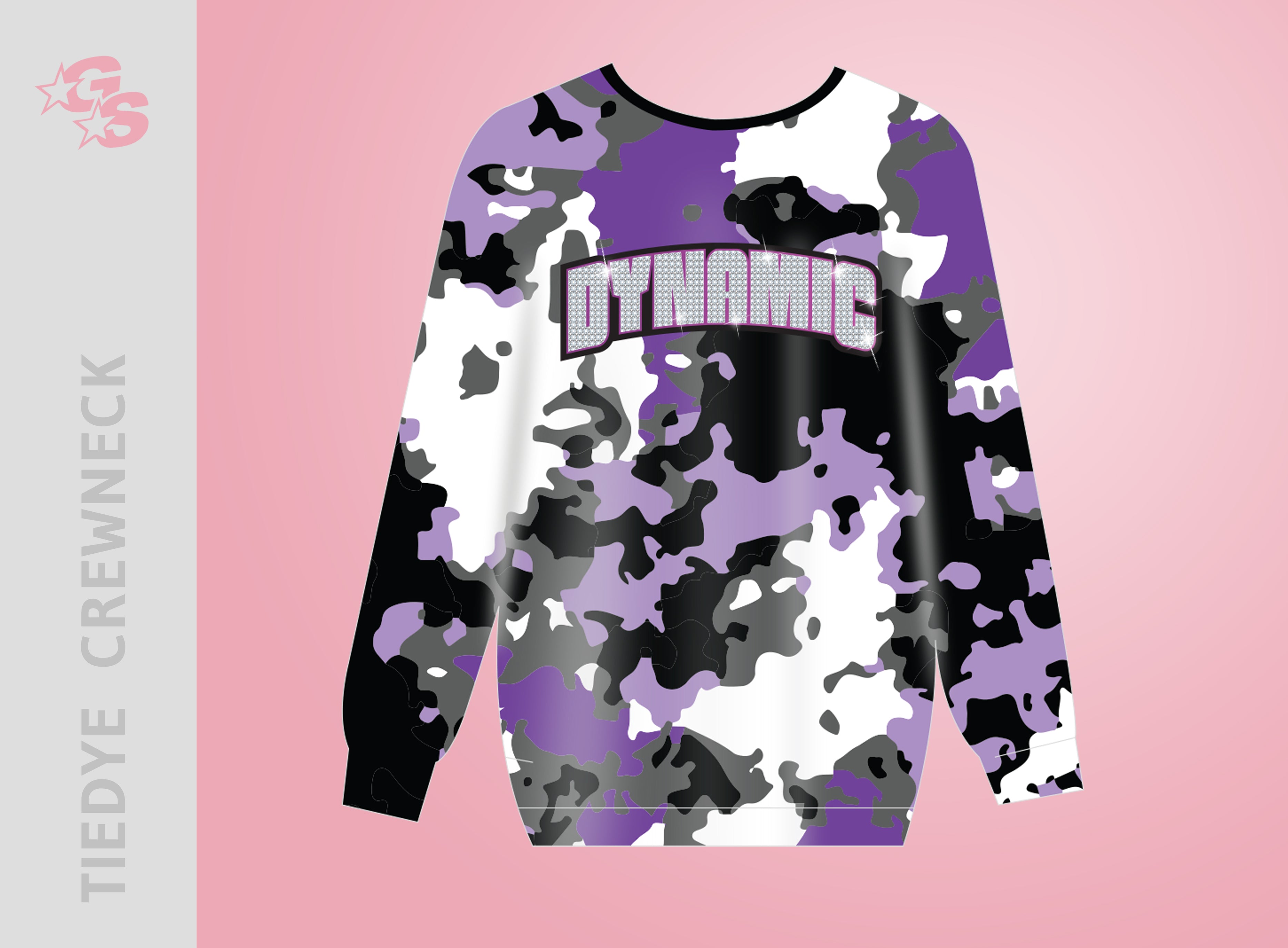 Sublimated Crewneck Tiedye sweatshirt with dyesub and bling combo logo - Dynamic Competitive Cheer