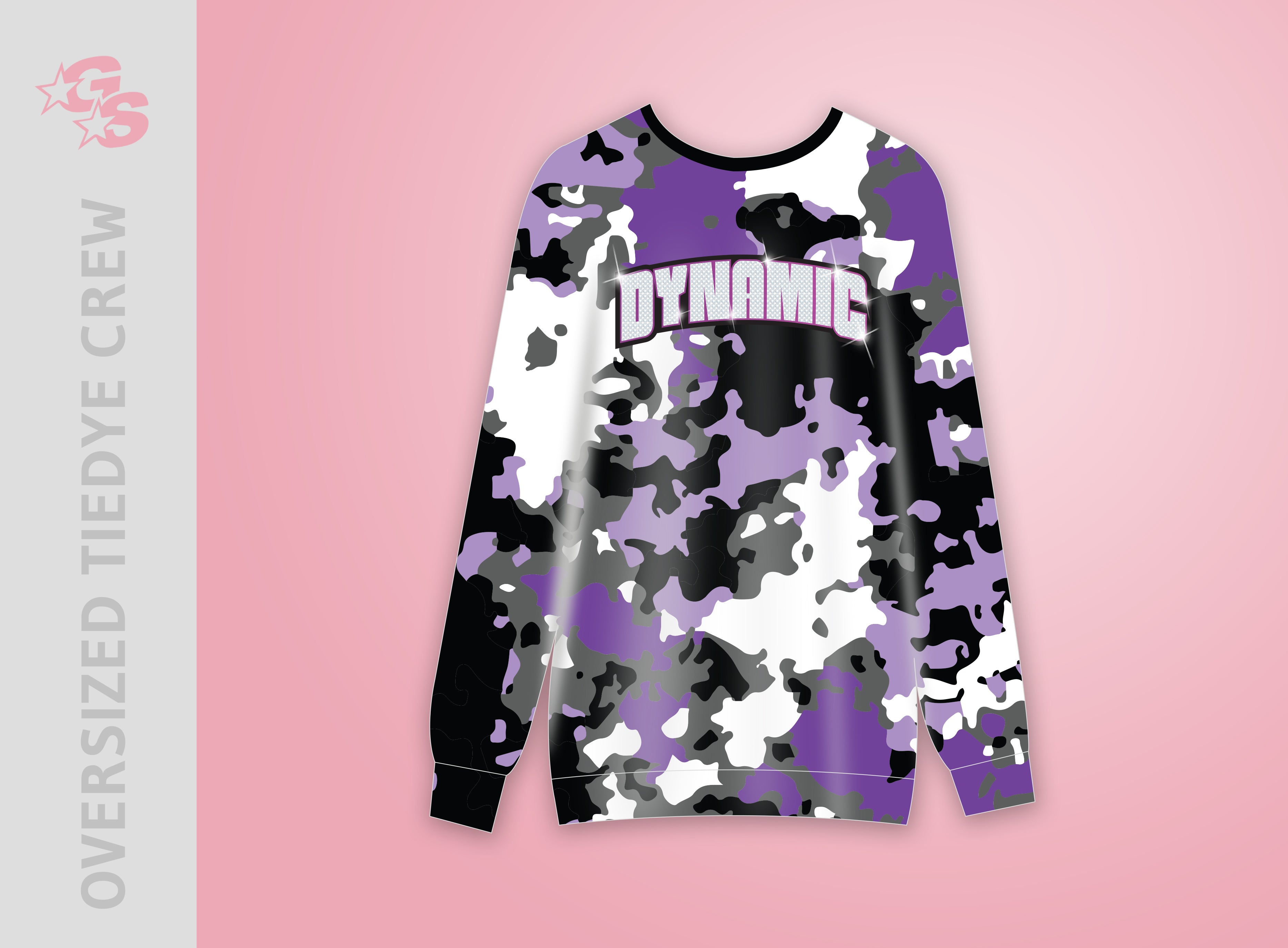 Oversized Sublimated Crewneck Tiedye sweatshirt with dyesub and bling combo logo - Dynamic Competitive Cheer