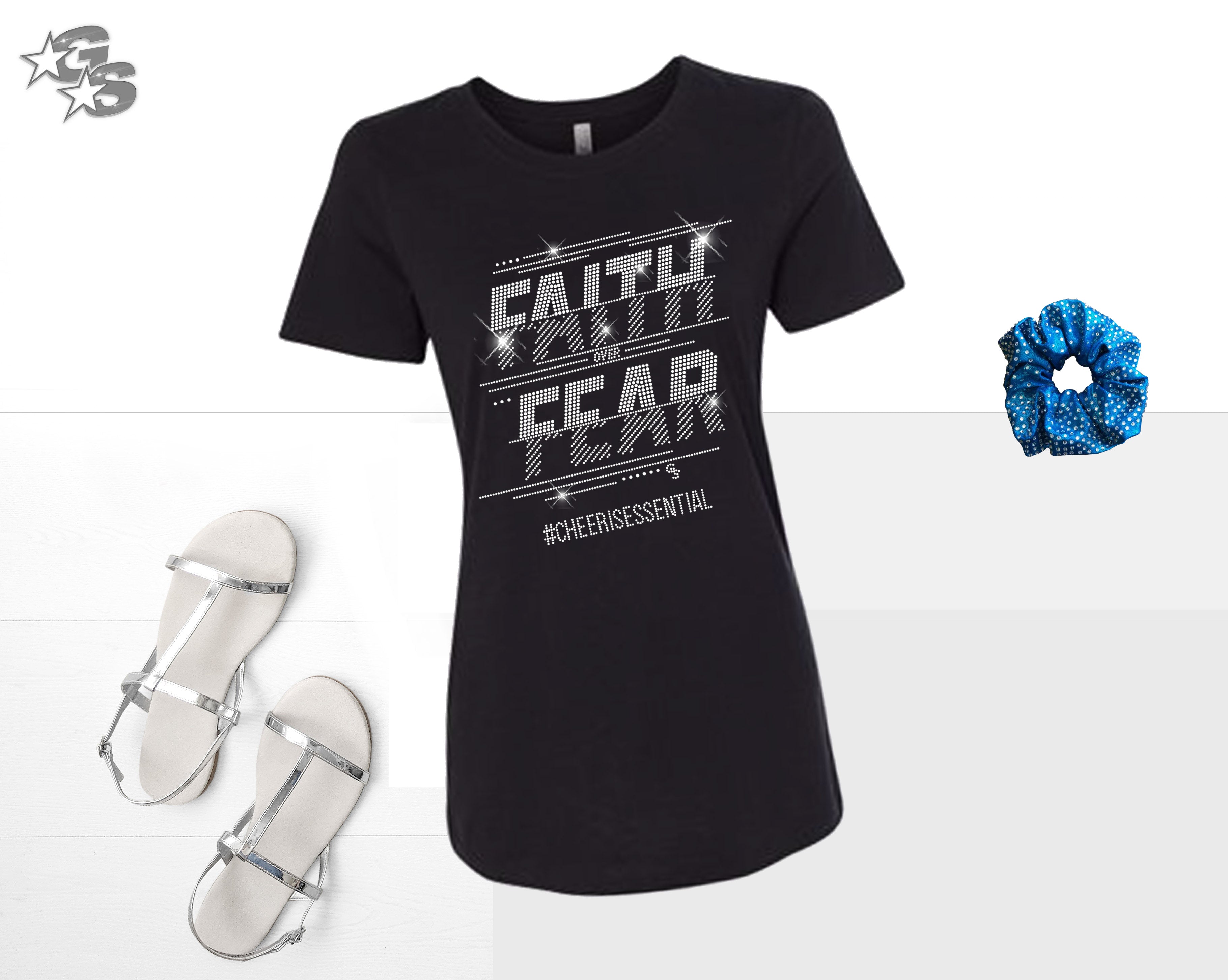 Faith Over Fear FITTED T-SHIRT  (Black) - for Cheer Dance or Gymnastics - Bling logo